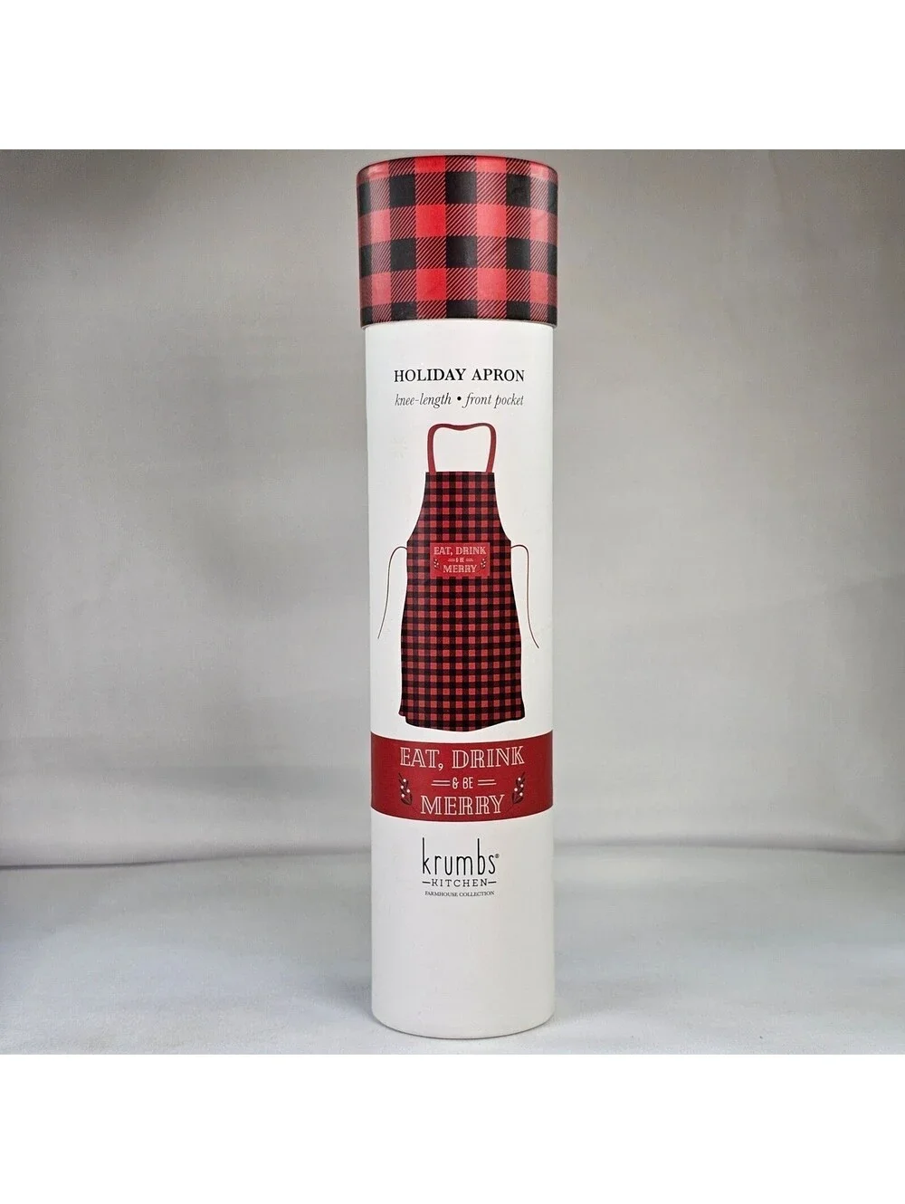 Krumbs Kitchen Holiday Apron Buffalo Plaid Eat Drink Be Merry Farmhouse Red New